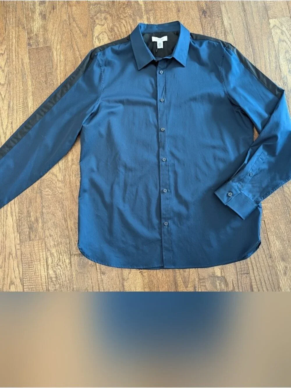 New Calvin Klein Blue Dress Shirt Black Military Stripe Sleeve 100% cotton Sz L